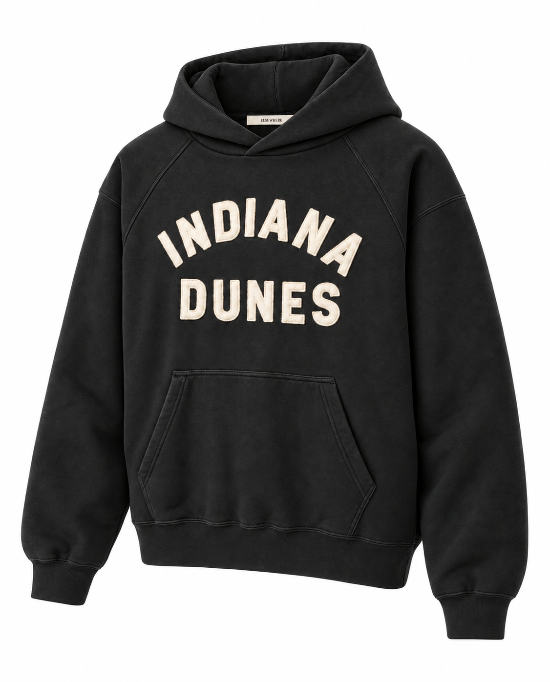 ELSEWHERE black Indiana Dunes hoodie with cream felt appliqué lettering.